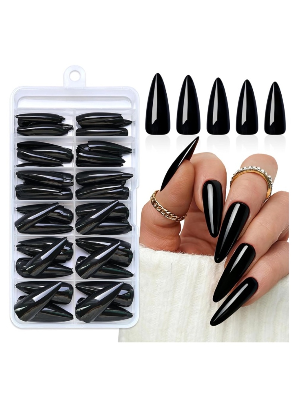 NWT 240pc Black Press On Nails Medium Almond Stiletto Fake Nail Kit
